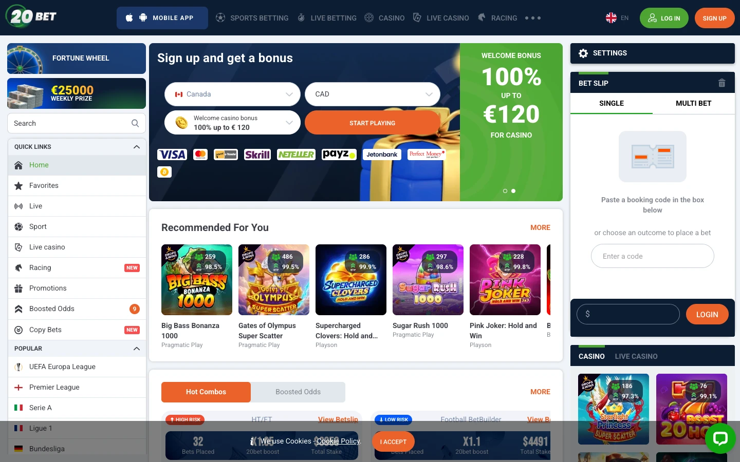 20Bet website screenshot