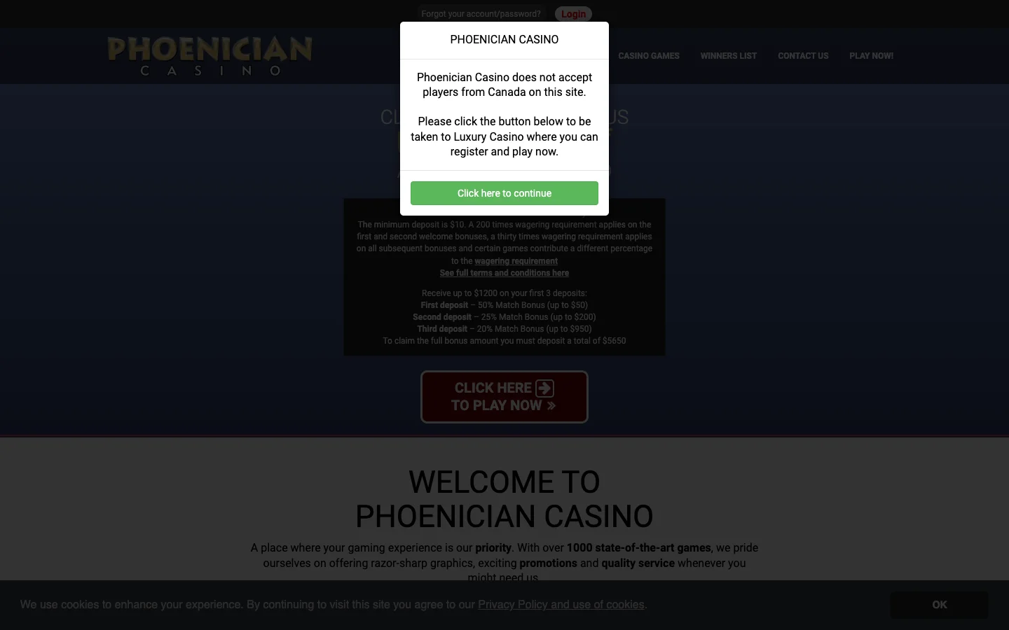Phoenician Casino website screenshot
