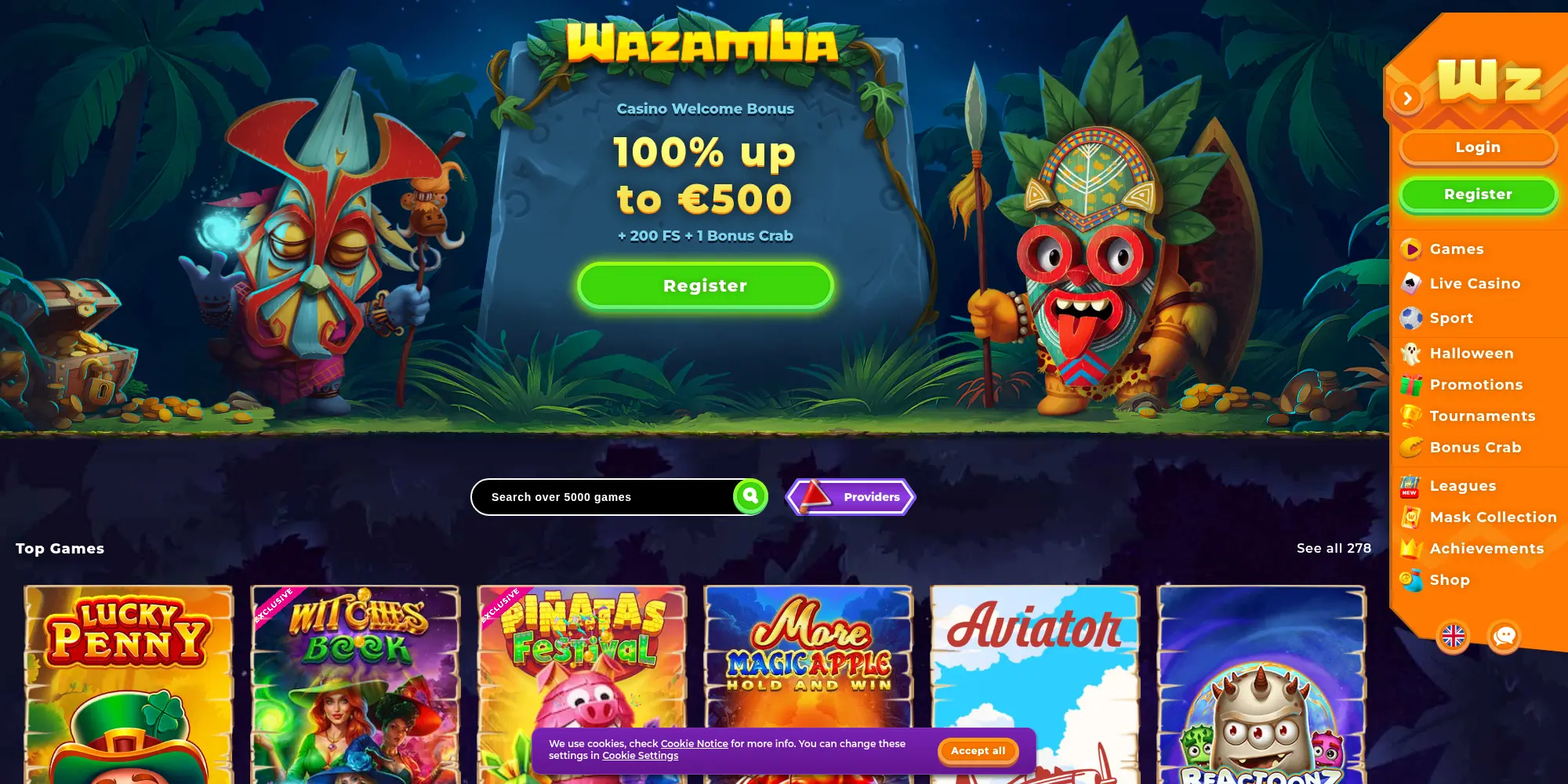 Wazamba website screenshot